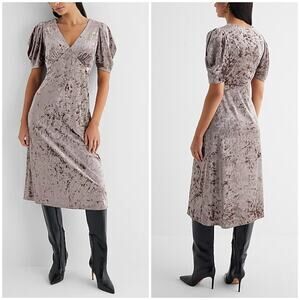 NWT EXPRESS Crushed Velvet V-Neck Puff Sleeve Midi Dress Sz Medium